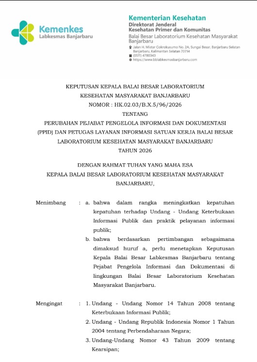 Pratinjau halaman pertama SK PPID Balai Besar Labkesmas Banjarbaru